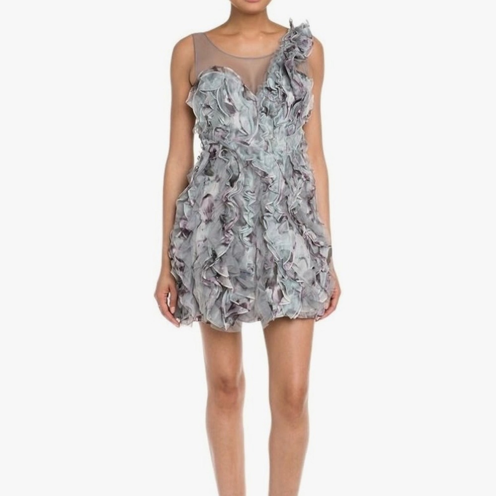 BCBGMAXAZRIA Eva Silk Ruffle Cocktail Mini Dress Agate Combo Grey Purple Size 2